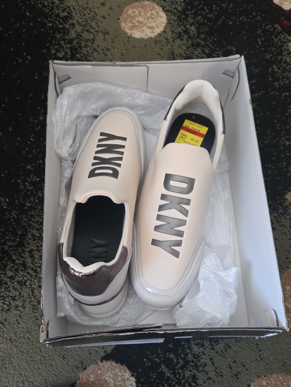 DKNY Cream Slip-On Loafers with Black Logo and Brown Heel Accent